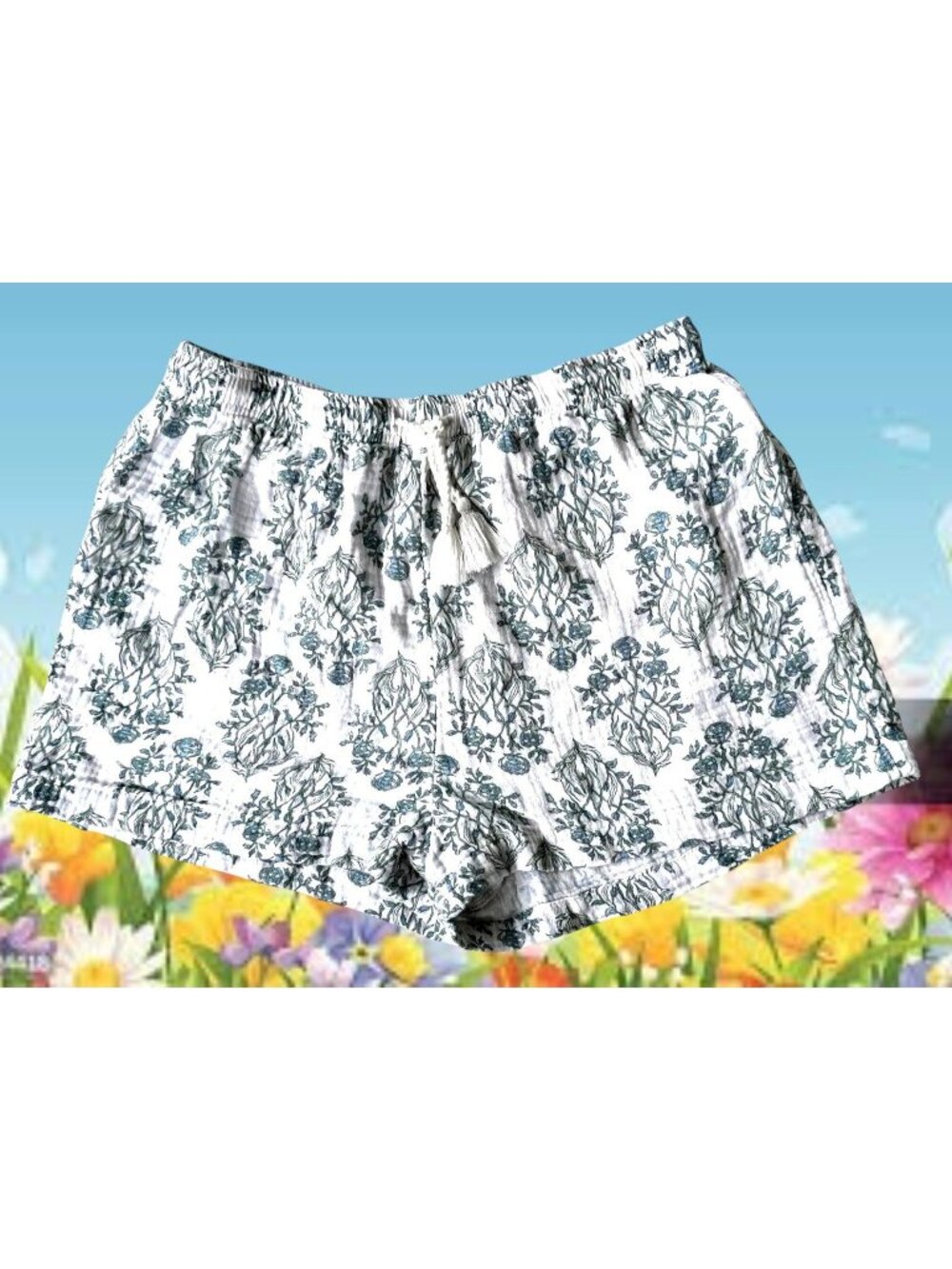 Rachel Zoe Shorts Medium White Green Floral Stretch Waist Drawstring Ties EUC